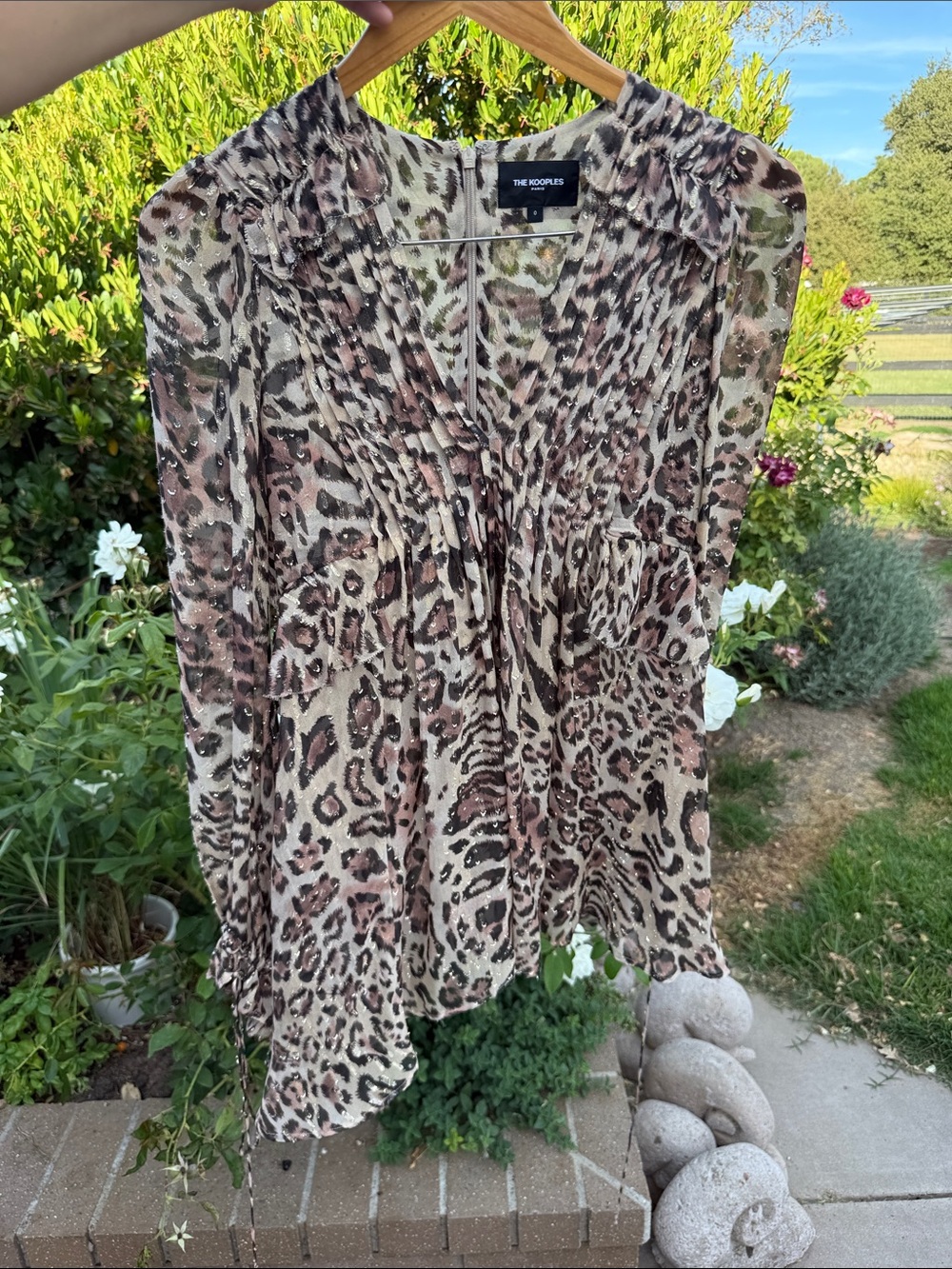 The Kooples 100% Silk Leopard-Print V-Neck Long Sleeve Top in Pink and Beige